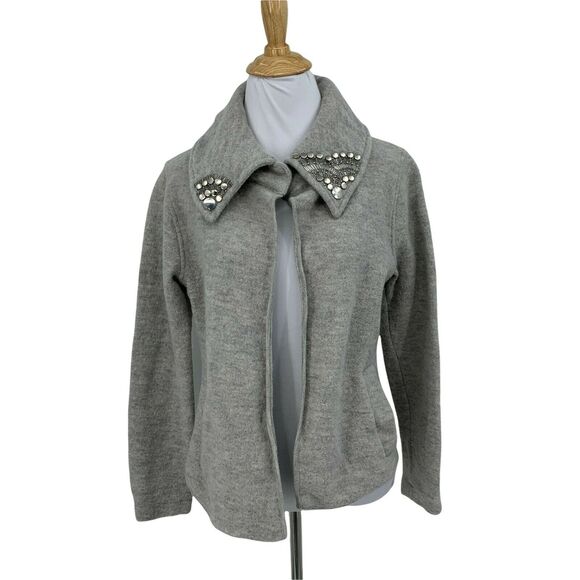 Jones New York Merino Wool Cardigan Size S Gray Jeweled Wide Collar Open Front - Picture 1 of 11